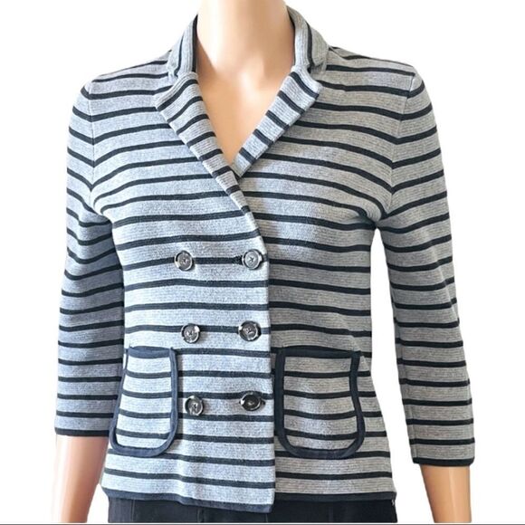 LOFT Gray/Blue Stripe Double Breasted Knit Jacket Sz SP - Picture 1 of 12